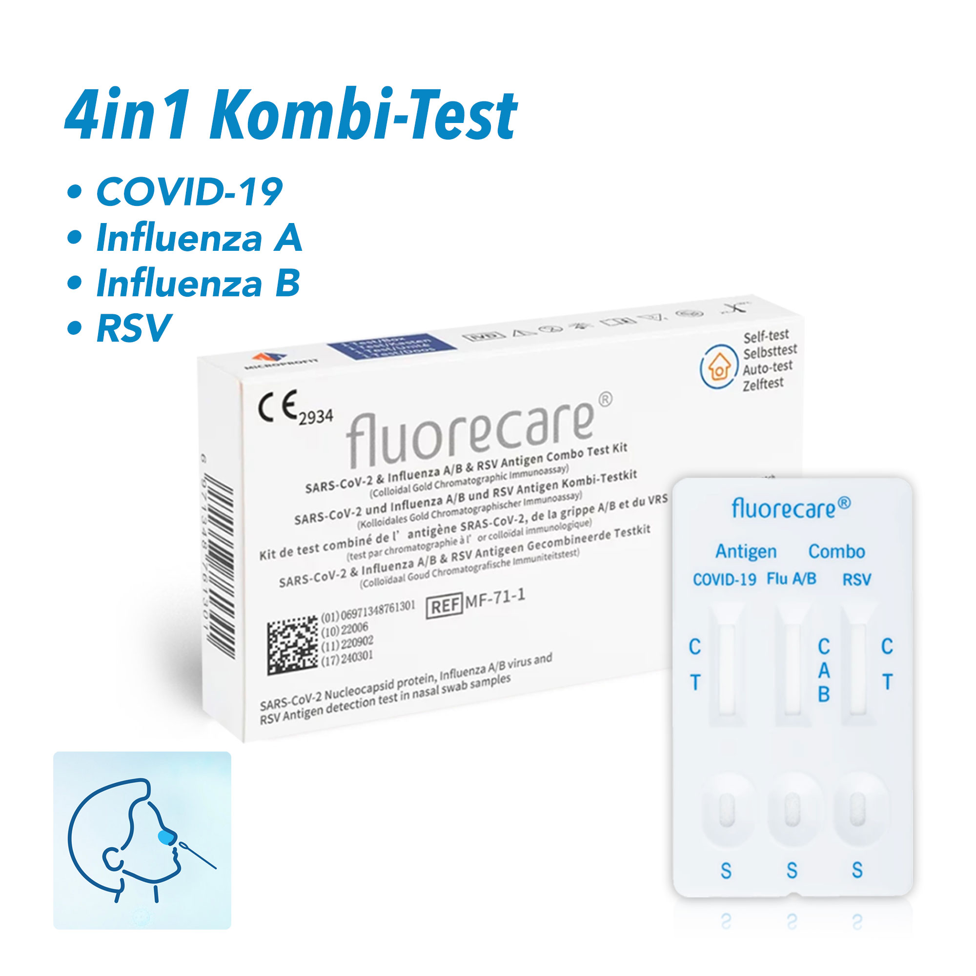 Fluorecare 4in1 Kombi-Test COVID-19, Influenza A+B, RSV